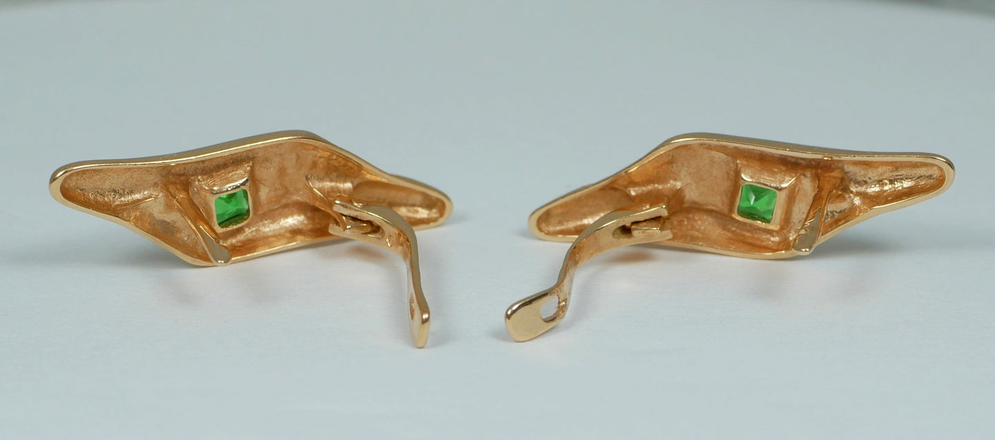 Vintage European Pair Solid 14ct Yellow Gold Green Stone Lever Back Earrings Set