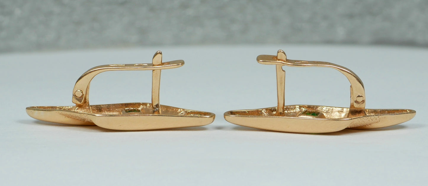 Vintage European Pair Solid 14ct Yellow Gold Green Stone Lever Back Earrings Set