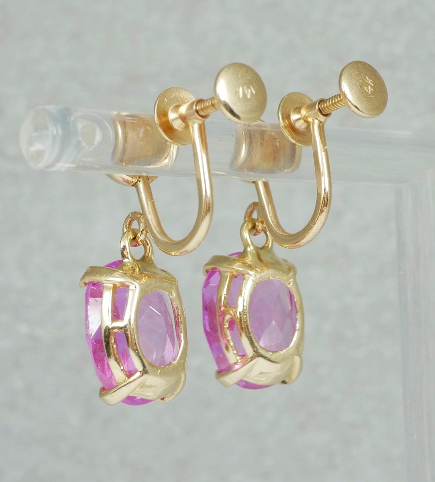 Vintage Pair of Solid 14ct Yellow Gold Pink Sapphire French Screw Earrings Set