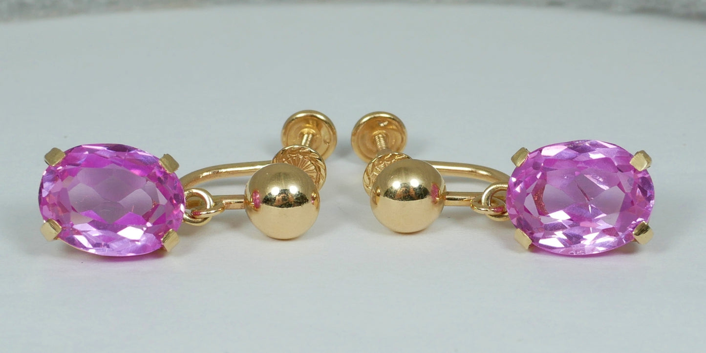 Vintage Pair of Solid 14ct Yellow Gold Pink Sapphire French Screw Earrings Set