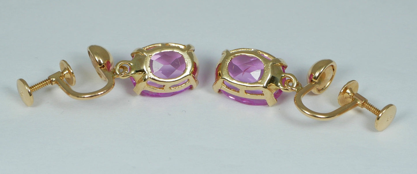 Vintage Pair of Solid 14ct Yellow Gold Pink Sapphire French Screw Earrings Set