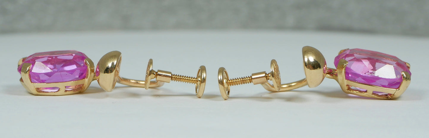 Vintage Pair of Solid 14ct Yellow Gold Pink Sapphire French Screw Earrings Set
