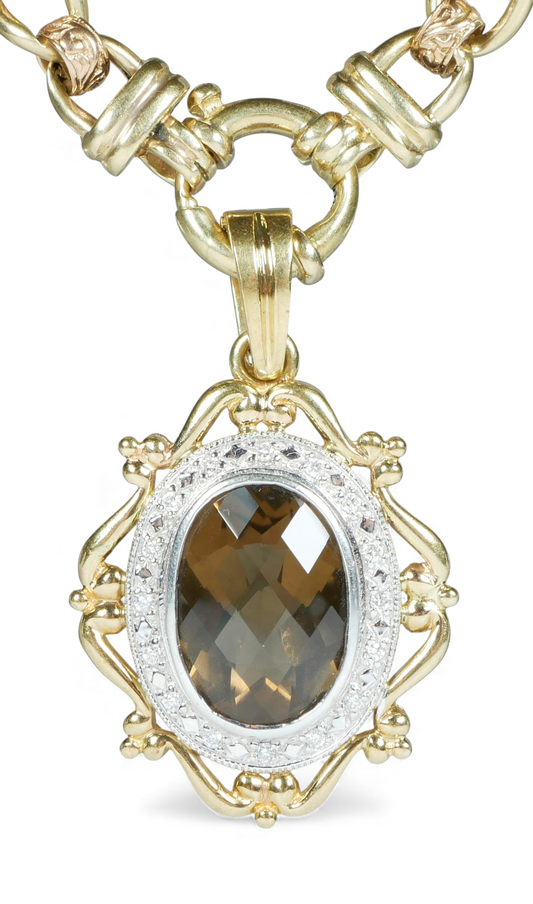 Solid 9ct Yellow White Gold Large Smoky Quartz Diamond Enhancer Necklace Pendant