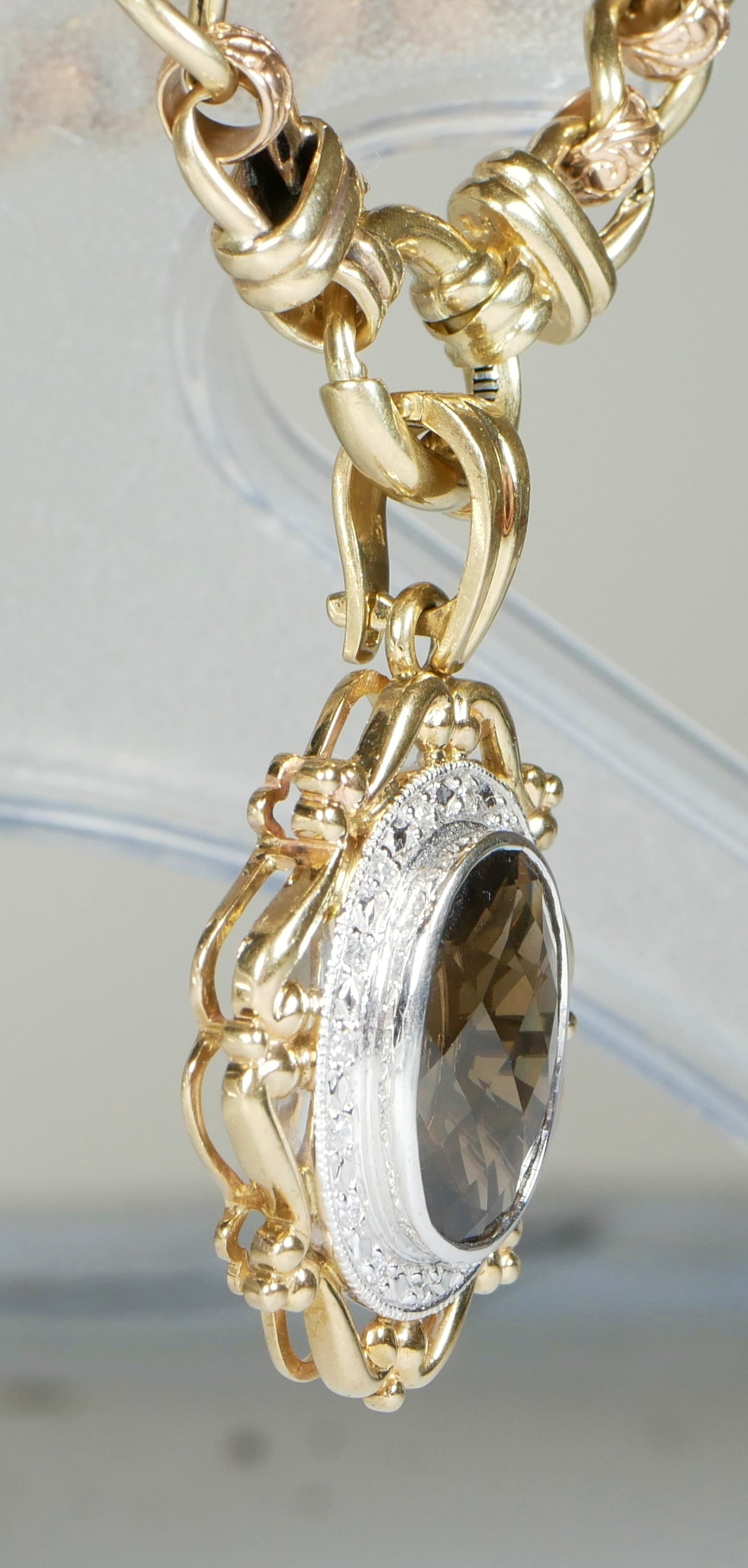 Solid 9ct Yellow White Gold Large Smoky Quartz Diamond Enhancer Necklace Pendant