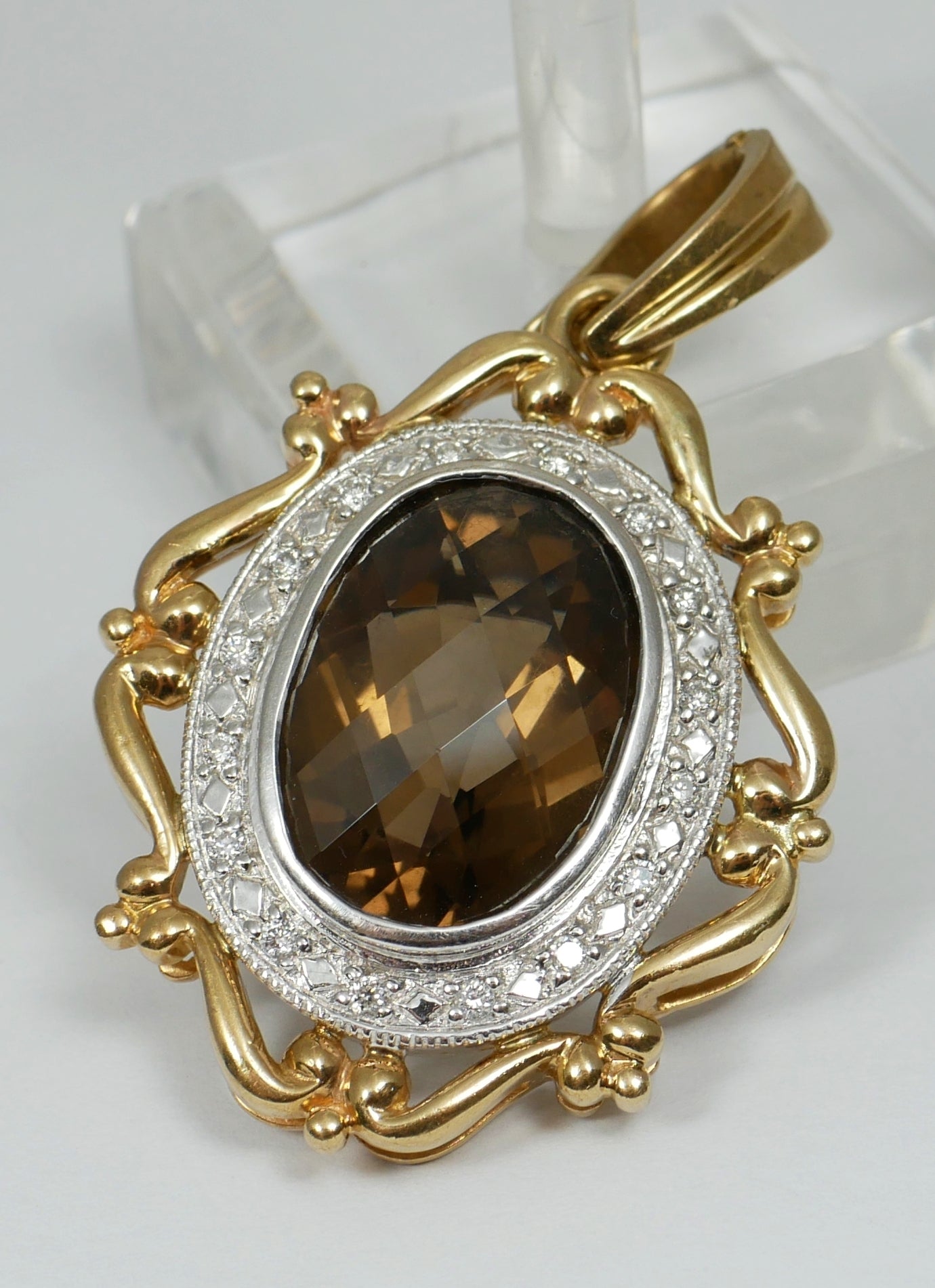 Solid 9ct Yellow White Gold Large Smoky Quartz Diamond Enhancer Necklace Pendant