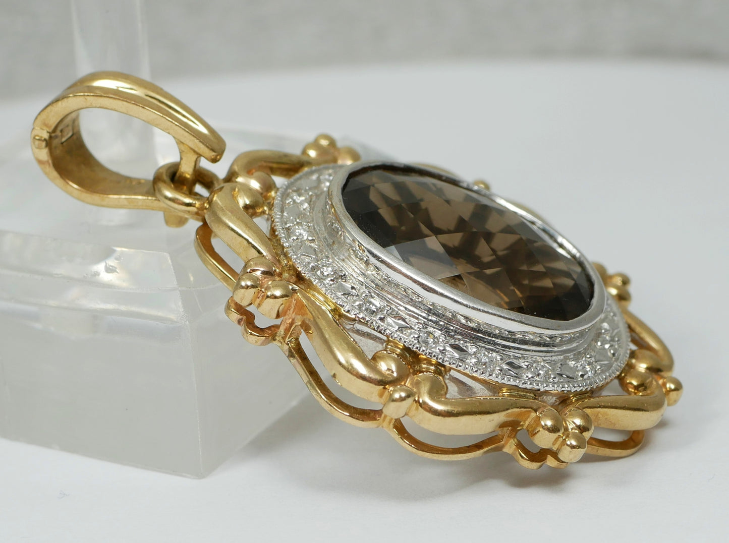 Solid 9ct Yellow White Gold Large Smoky Quartz Diamond Enhancer Necklace Pendant