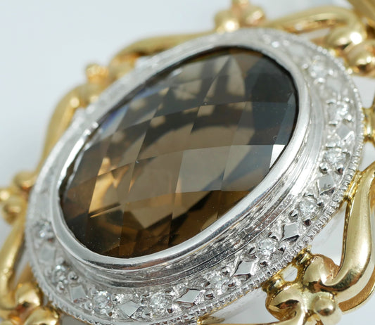 Solid 9ct Yellow White Gold Large Smoky Quartz Diamond Enhancer Necklace Pendant