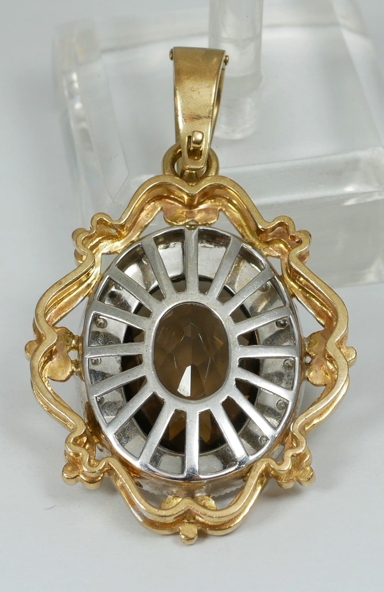 Solid 9ct Yellow White Gold Large Smoky Quartz Diamond Enhancer Necklace Pendant