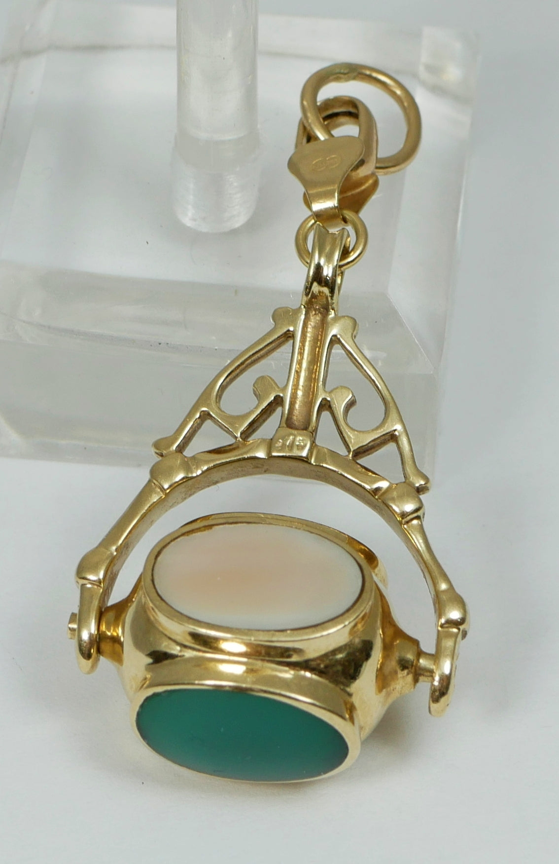Italian Solid 9ct Yellow Gold Large 45mm Agate Onyx Spinner Fob Necklace Pendant