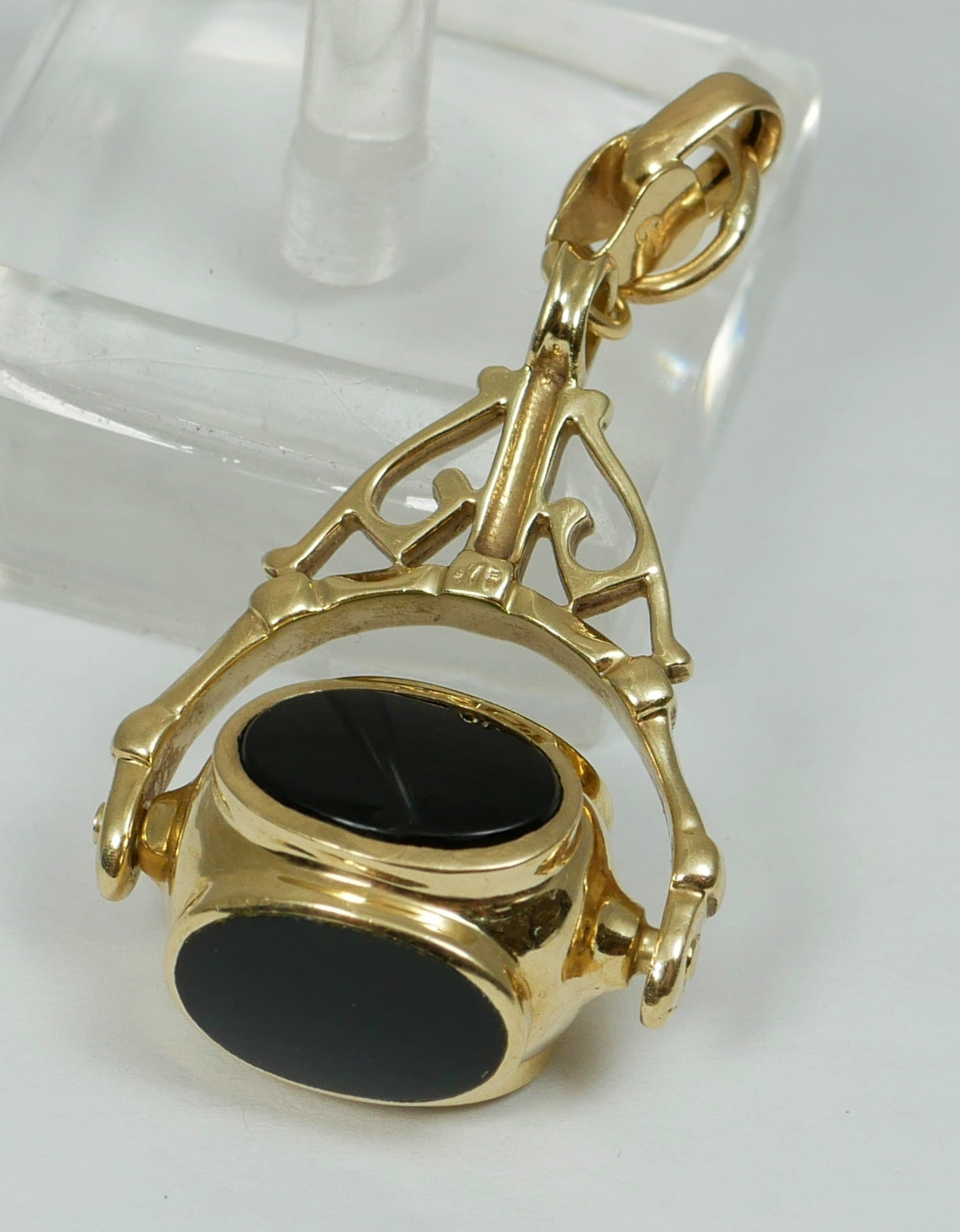Italian Solid 9ct Yellow Gold Large 45mm Agate Onyx Spinner Fob Necklace Pendant