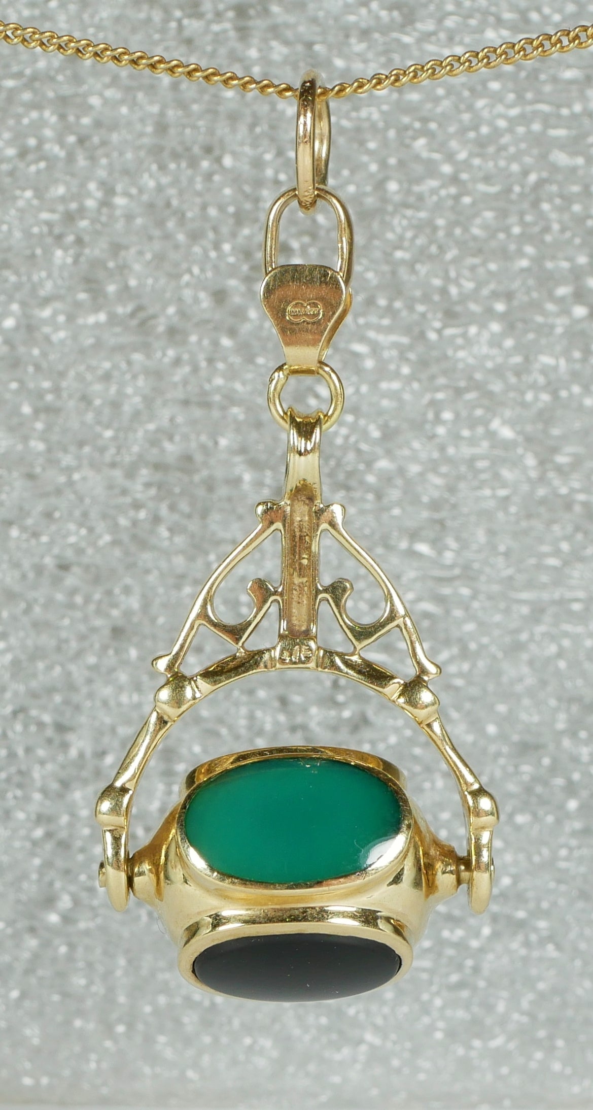 Italian Solid 9ct Yellow Gold Large 45mm Agate Onyx Spinner Fob Necklace Pendant