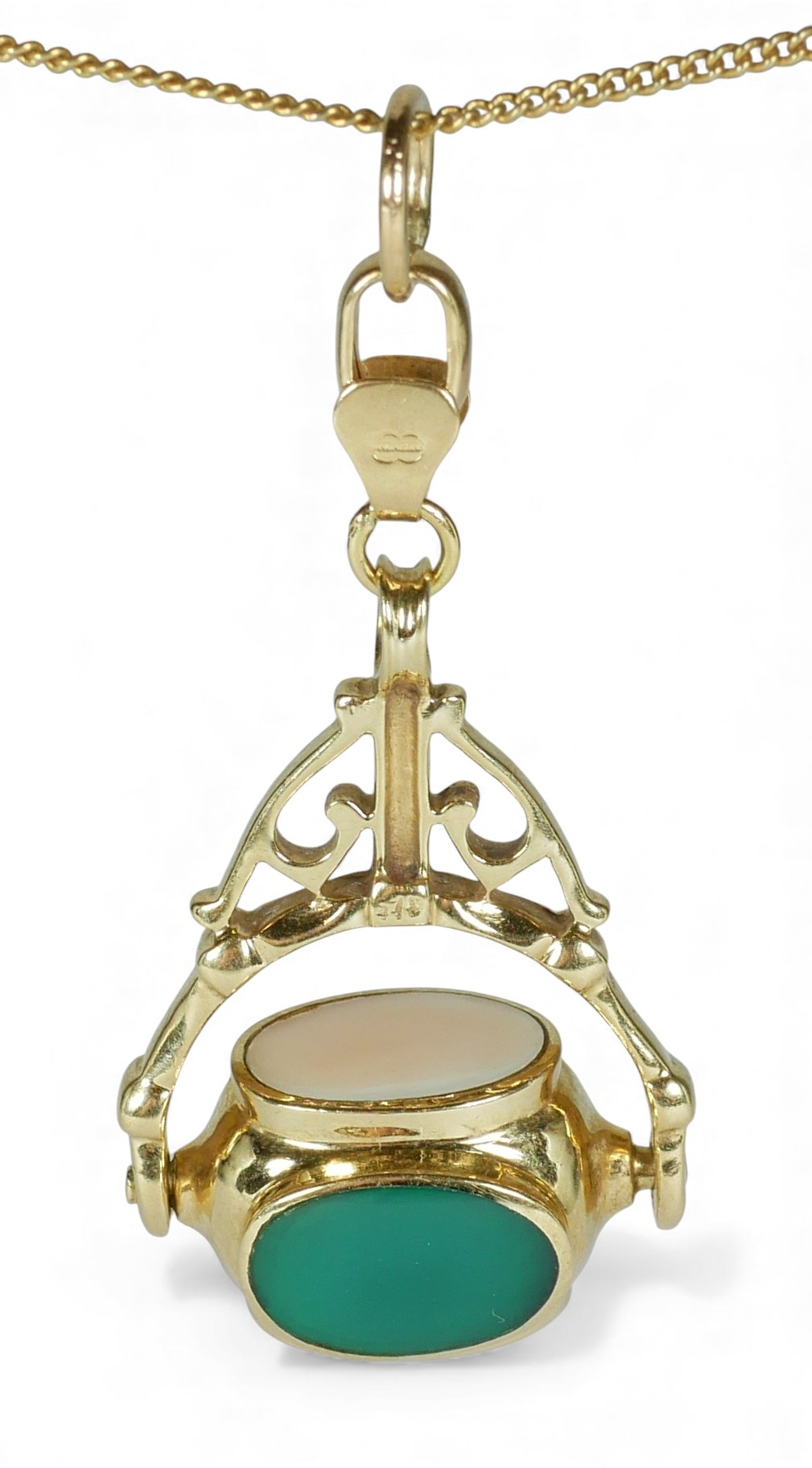 Italian Solid 9ct Yellow Gold Large 45mm Agate Onyx Spinner Fob Necklace Pendant