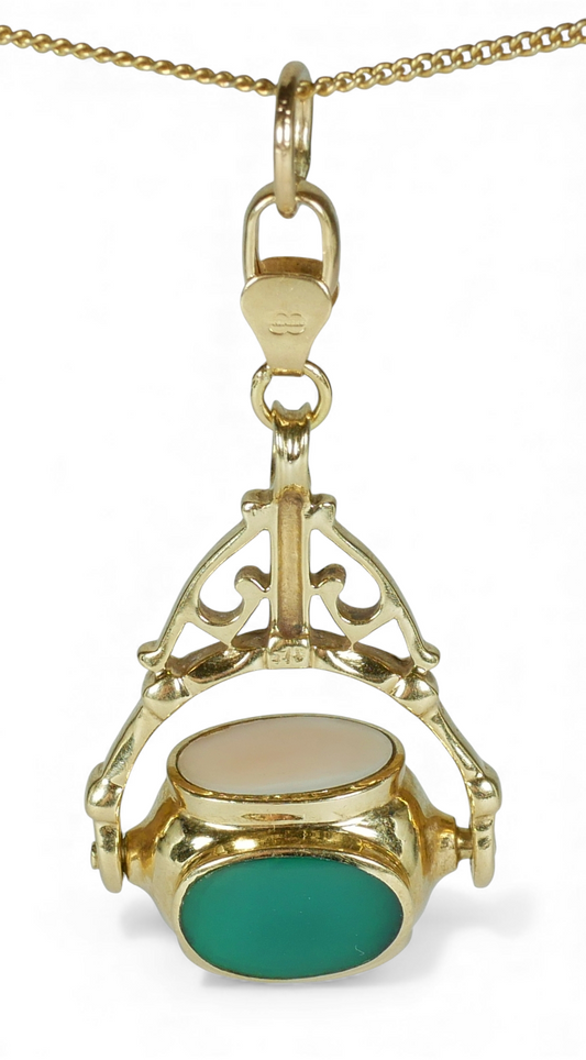 Italian Solid 9ct Yellow Gold Large 45mm Agate Onyx Spinner Fob Necklace Pendant