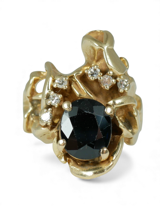 Vintage Solid 14ct Yellow Gold Sapphire Diamond Brutalist Ring Size 4.5 I 48 8gm