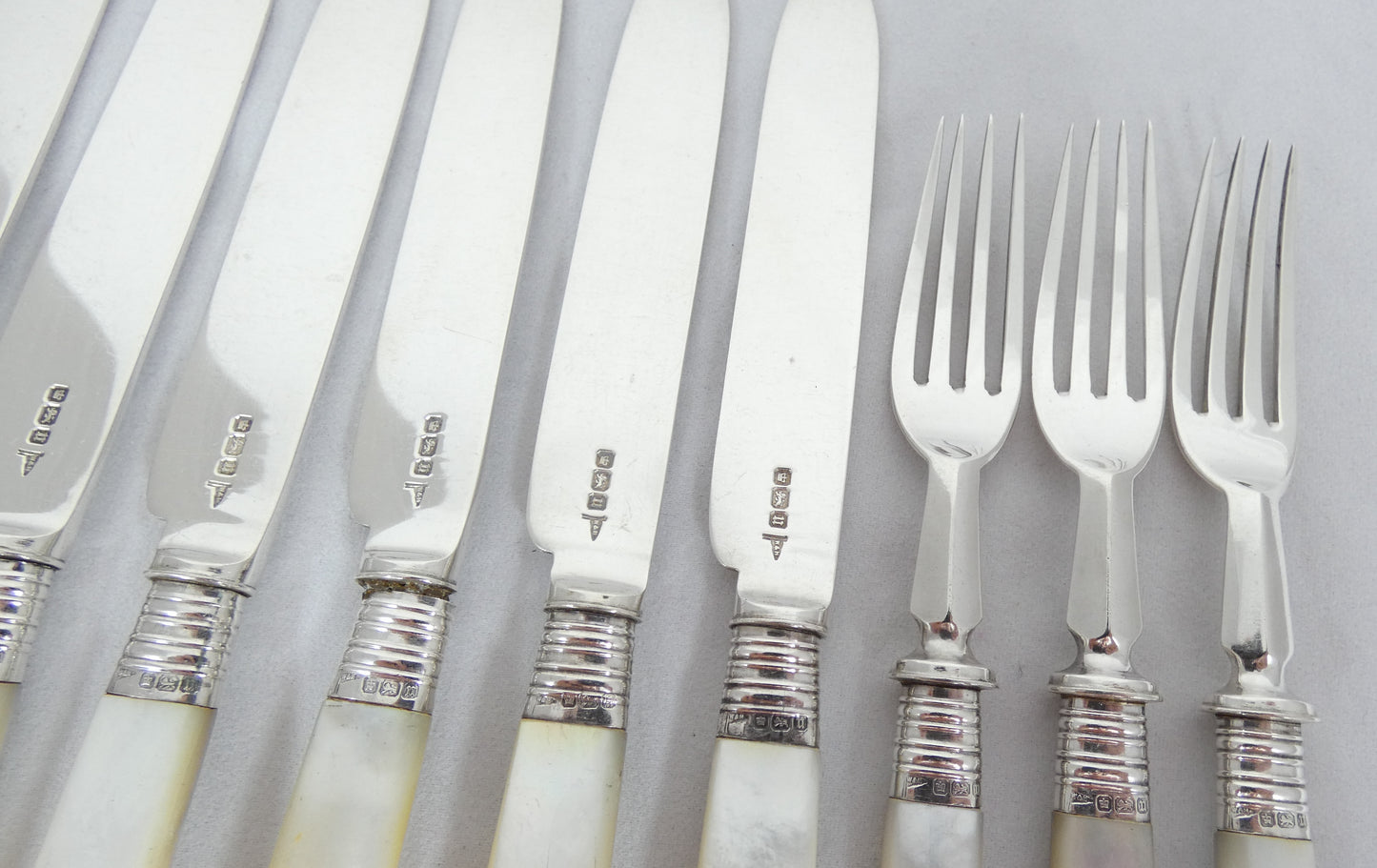 Antique Edwardian 1912 Sterling Silver MOP Knife Fork Fruit Dessert Cutlery Set