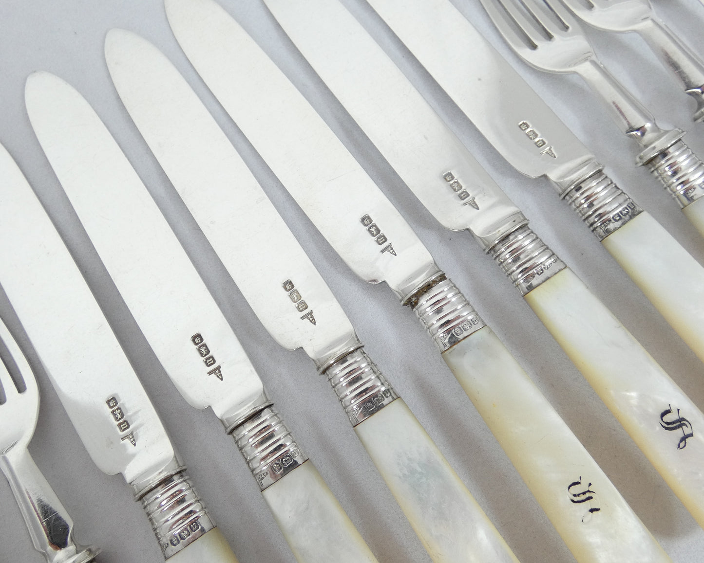 Antique Edwardian 1912 Sterling Silver MOP Knife Fork Fruit Dessert Cutlery Set