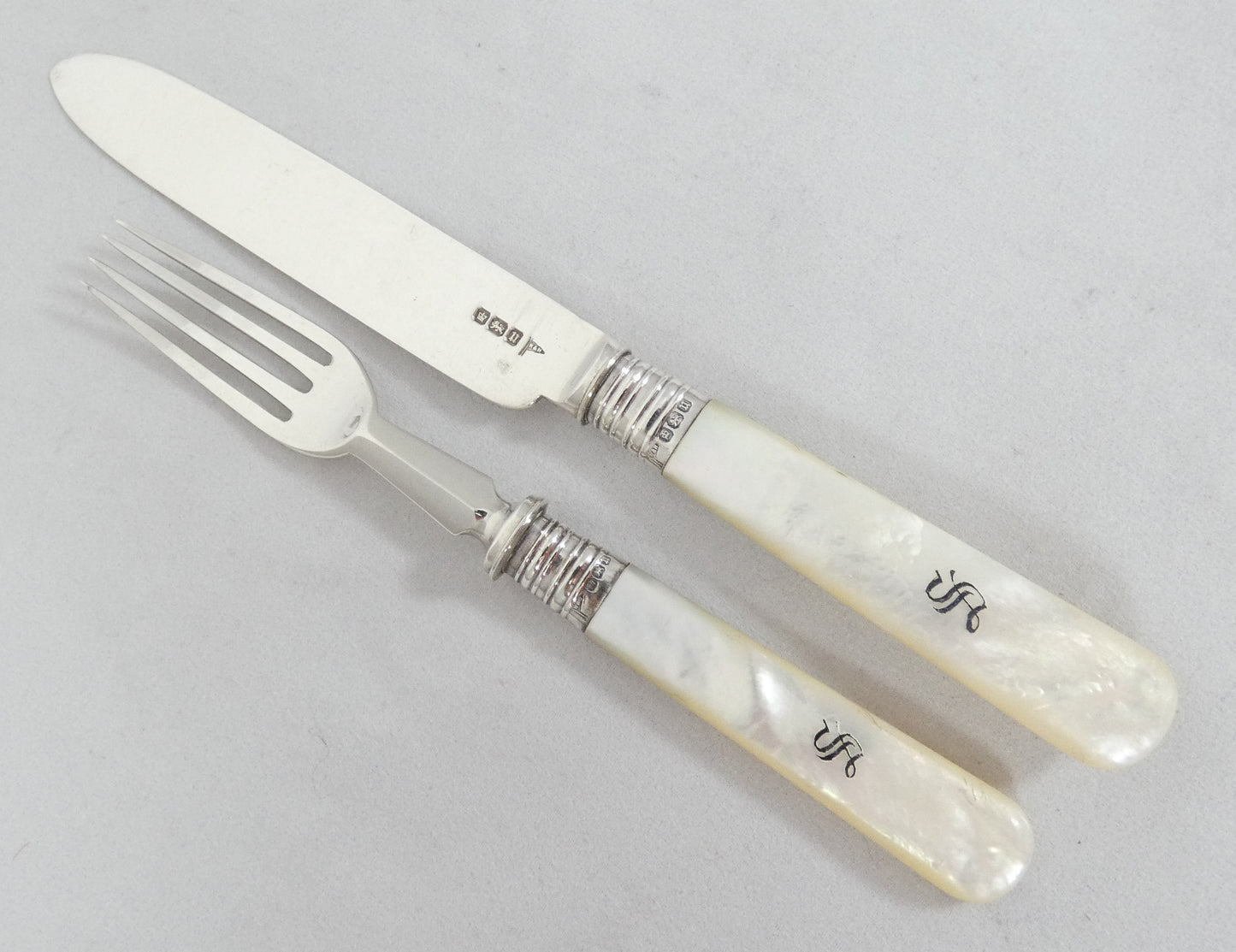 Antique Edwardian 1912 Sterling Silver MOP Knife Fork Fruit Dessert Cutlery Set