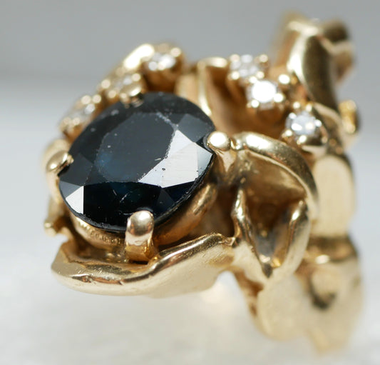 Vintage Solid 14ct Yellow Gold Sapphire Diamond Brutalist Ring Size 4.5 I 48 8gm