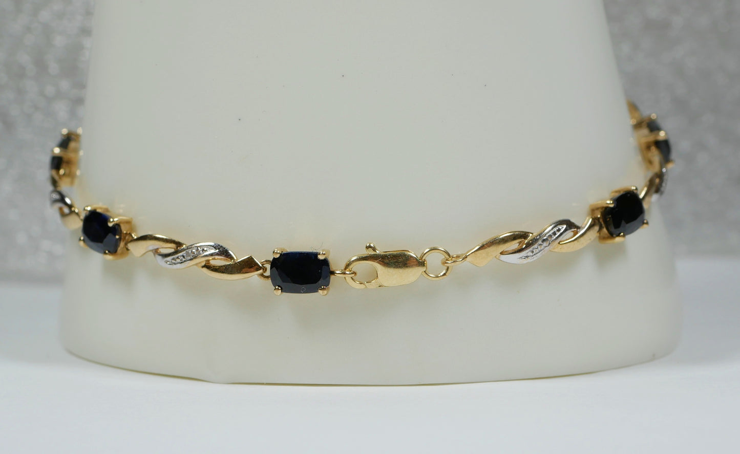 Solid 10ct Yellow Gold Natural Blue Sapphire & Diamond 19cm 7.5" Panel Bracelet