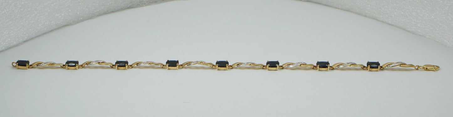 Solid 10ct Yellow Gold Natural Blue Sapphire & Diamond 19cm 7.5" Panel Bracelet
