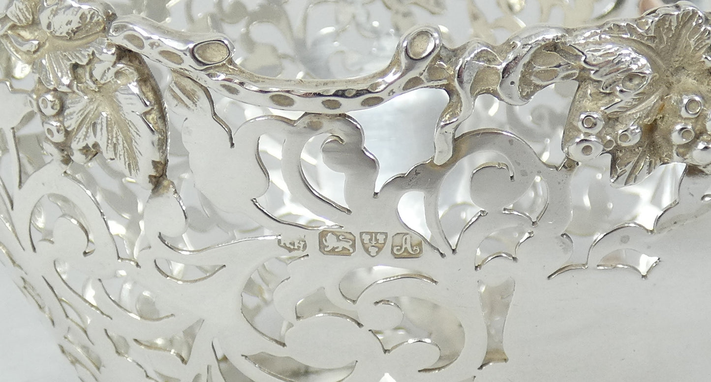 Antique Edwardian 1901 Sterling Silver Pierced Bread Basket Serving Bowl Grape