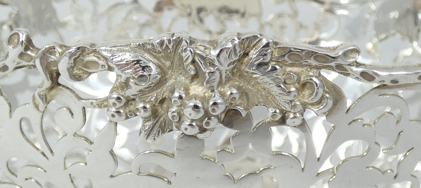 Antique Edwardian 1901 Sterling Silver Pierced Bread Basket Serving Bowl Grape