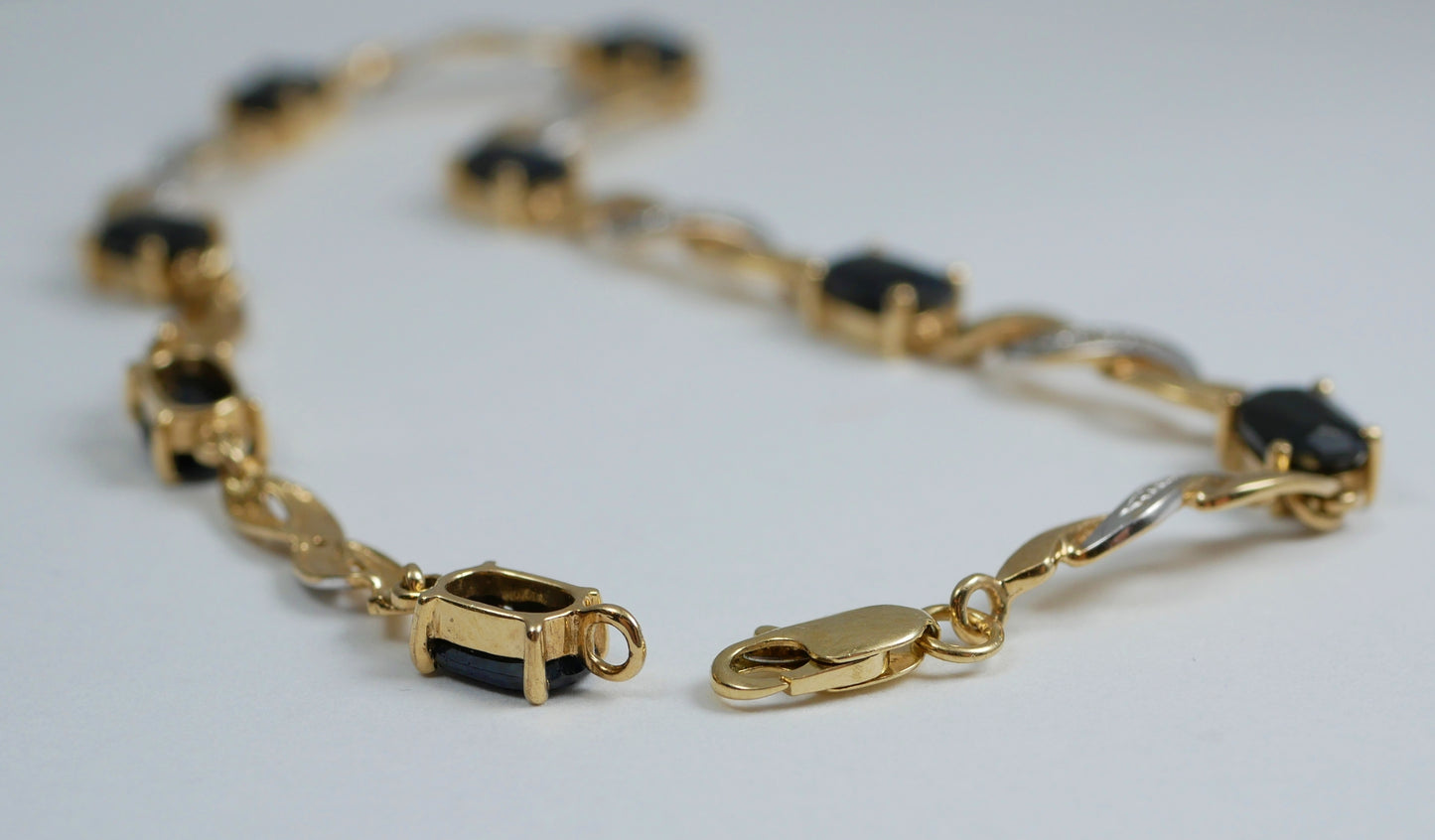 Solid 10ct Yellow Gold Natural Blue Sapphire & Diamond 19cm 7.5" Panel Bracelet