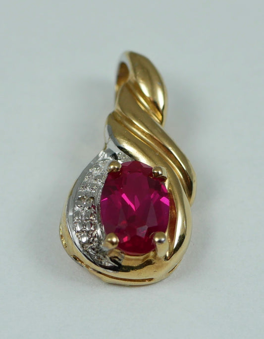 Solid 9ct Yellow Gold Oval Cut 0.48ct Ruby & Diamond 16mm Necklace Pendant 375