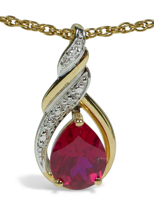 Solid 9ct Yellow Gold Pear Cut 1.81ct Ruby & Diamond 21mm Necklace Pendant 375