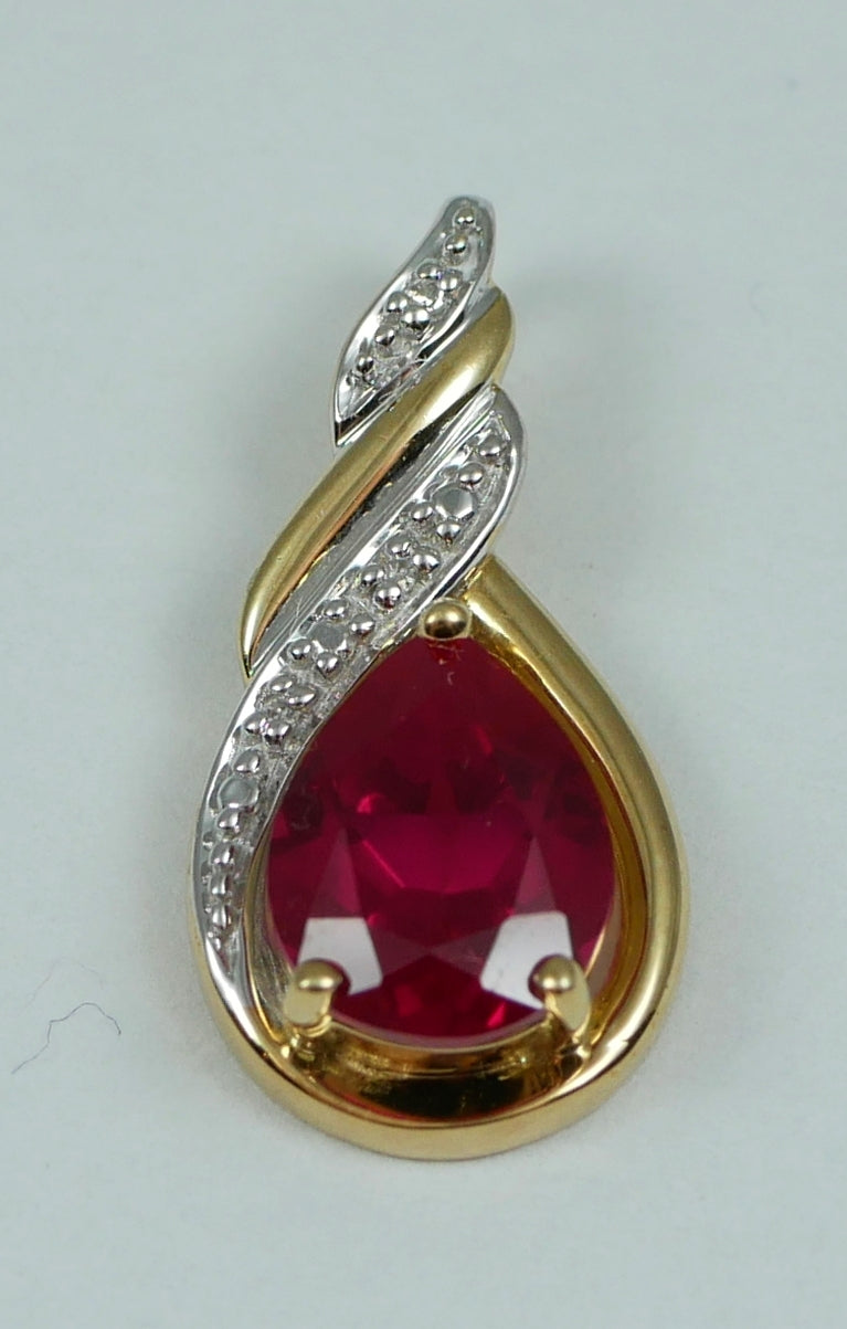 Solid 9ct Yellow Gold Pear Cut 1.81ct Ruby & Diamond 21mm Necklace Pendant 375
