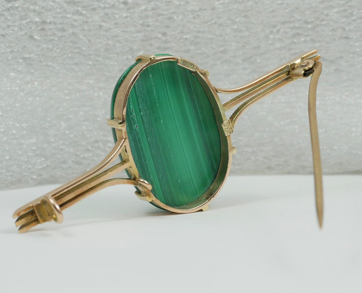 Antique Wendts Australian Solid 9ct Yellow Gold Green Malachite Large Brooch Pin
