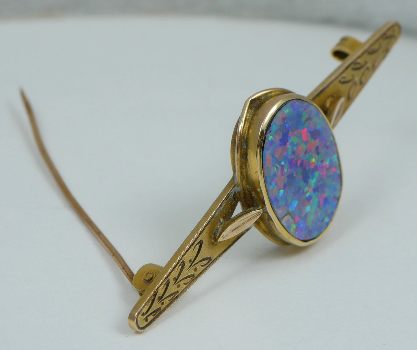 Antique Vintage Art Deco Solid 9ct Yellow Gold Black Opal Doublet Bar Brooch Pin