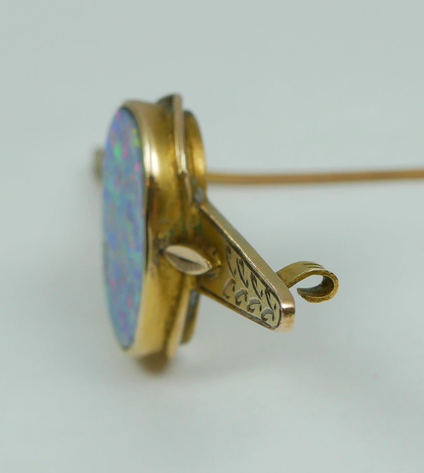 Antique Vintage Art Deco Solid 9ct Yellow Gold Black Opal Doublet Bar Brooch Pin