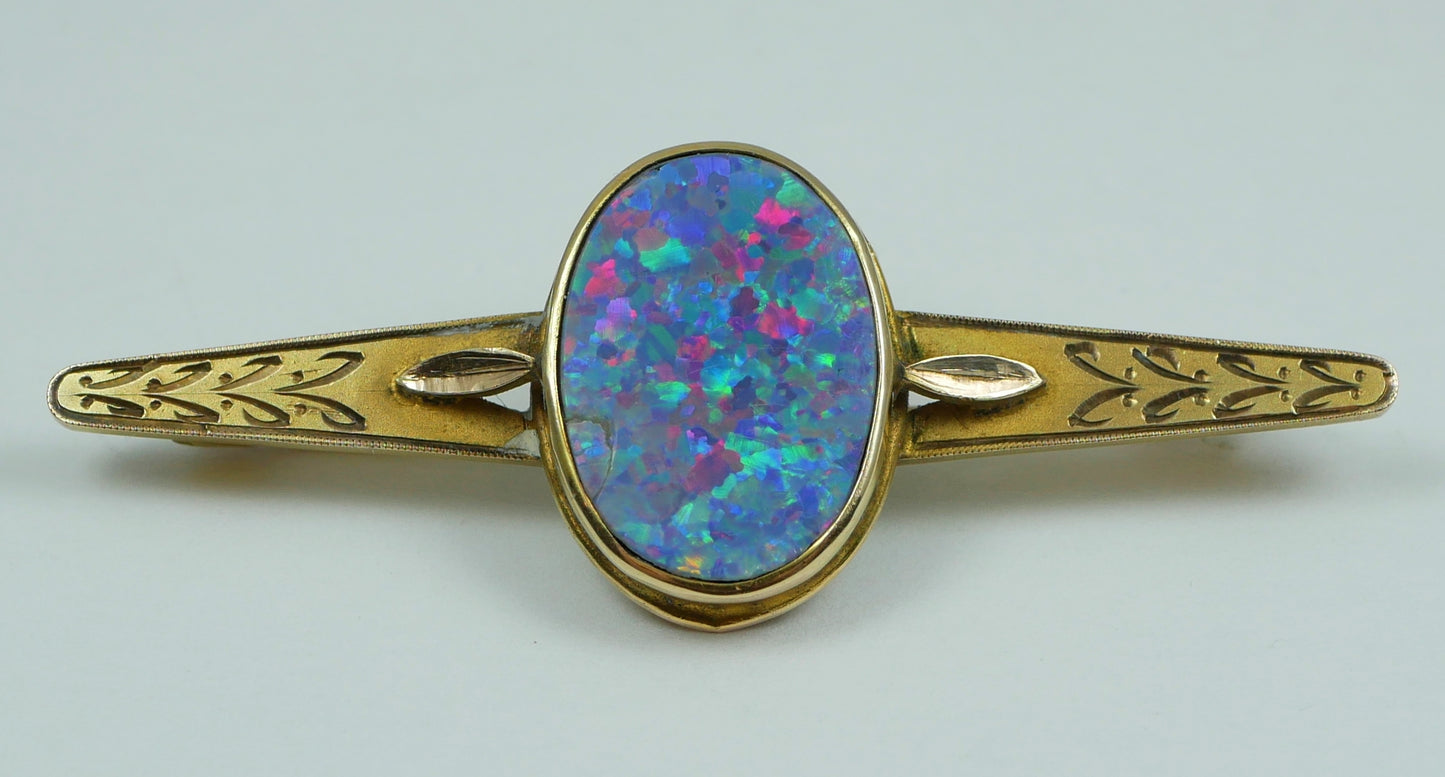 Antique Vintage Art Deco Solid 9ct Yellow Gold Black Opal Doublet Bar Brooch Pin