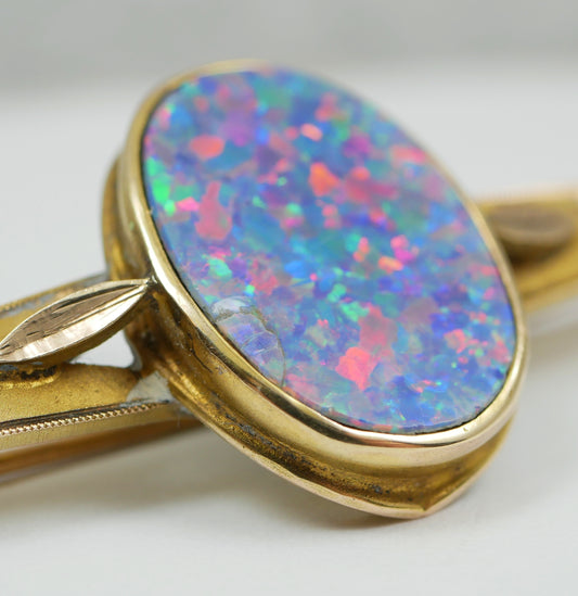 Antique Vintage Art Deco Solid 9ct Yellow Gold Black Opal Doublet Bar Brooch Pin