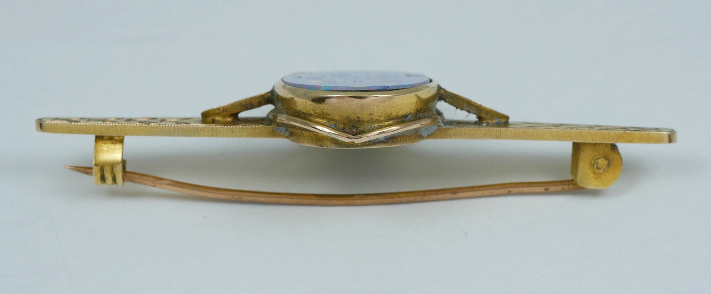 Antique Vintage Art Deco Solid 9ct Yellow Gold Black Opal Doublet Bar Brooch Pin