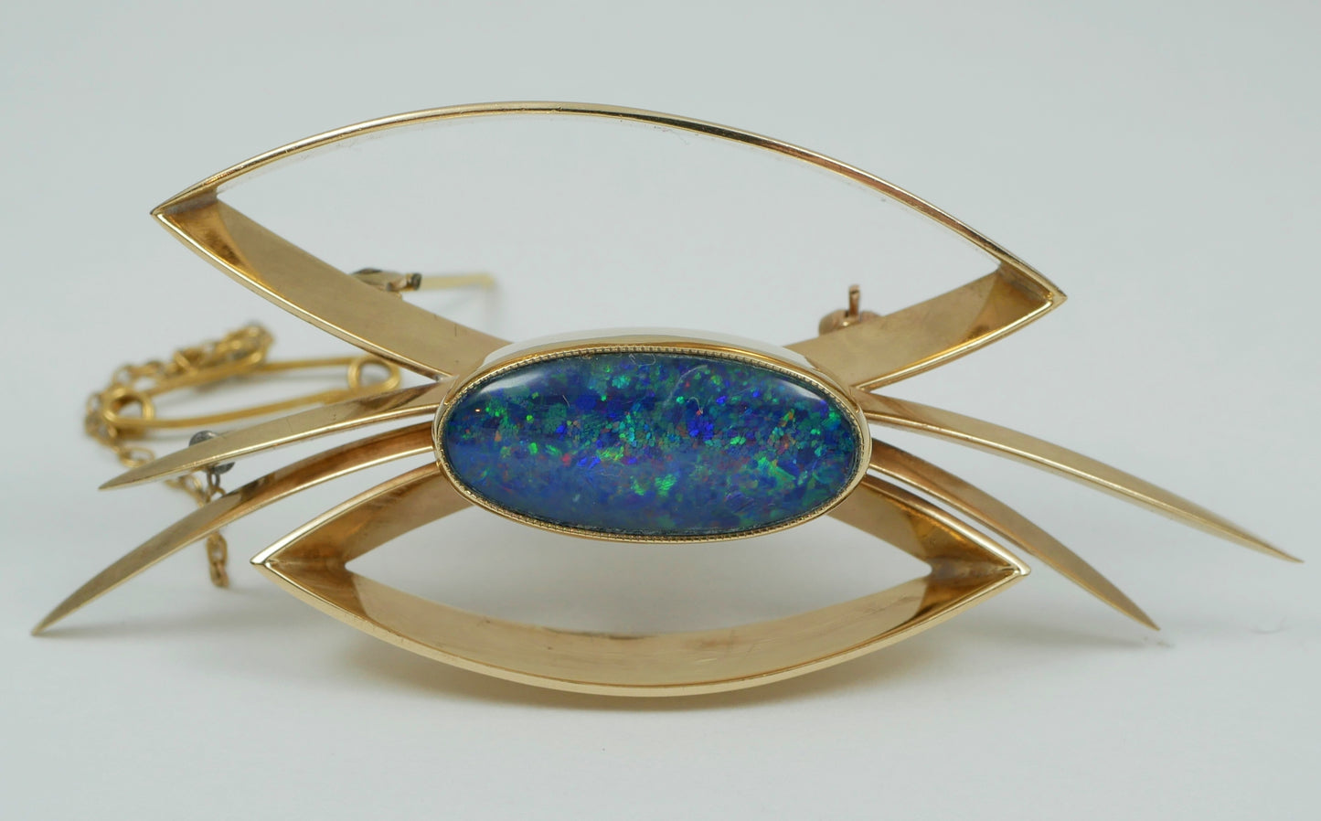 Vintage Retro Large Solid 9ct Yellow Gold Black Opal Doublet Bar Brooch Pin 11gm