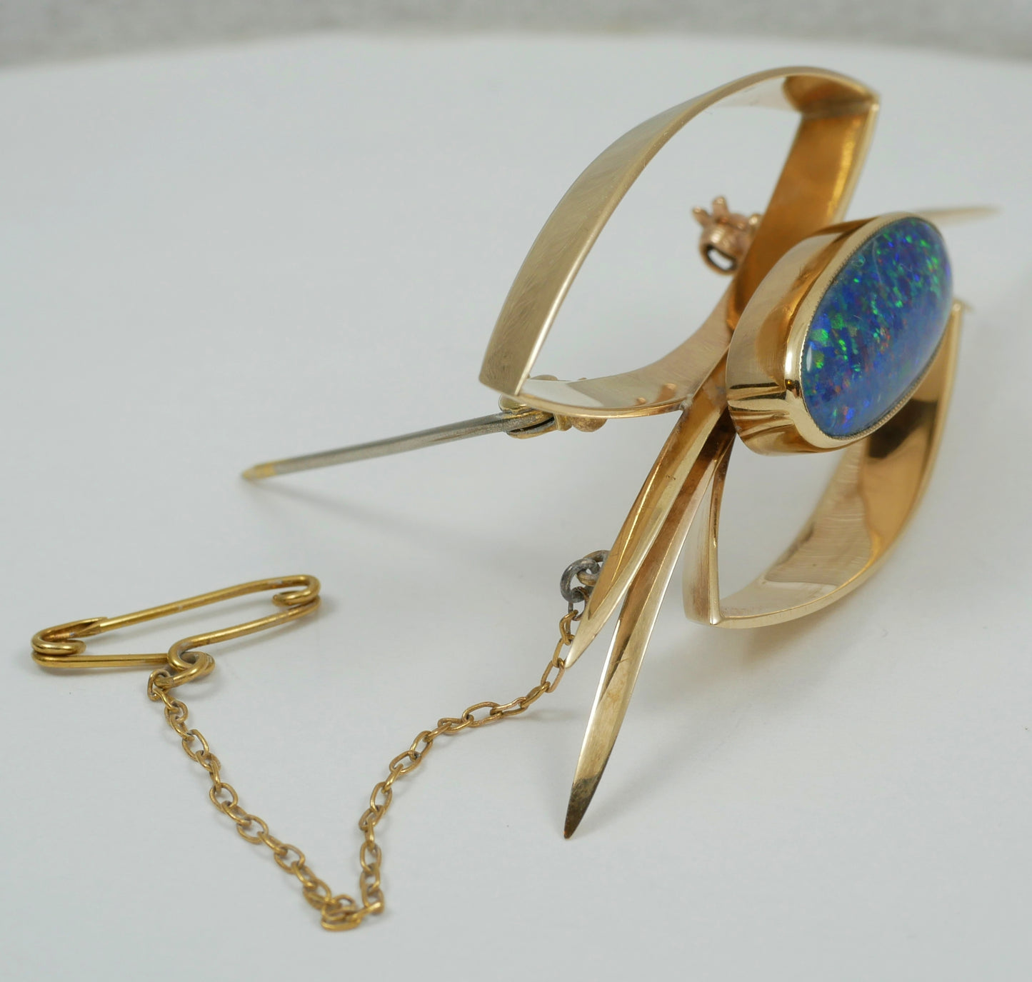 Vintage Retro Large Solid 9ct Yellow Gold Black Opal Doublet Bar Brooch Pin 11gm