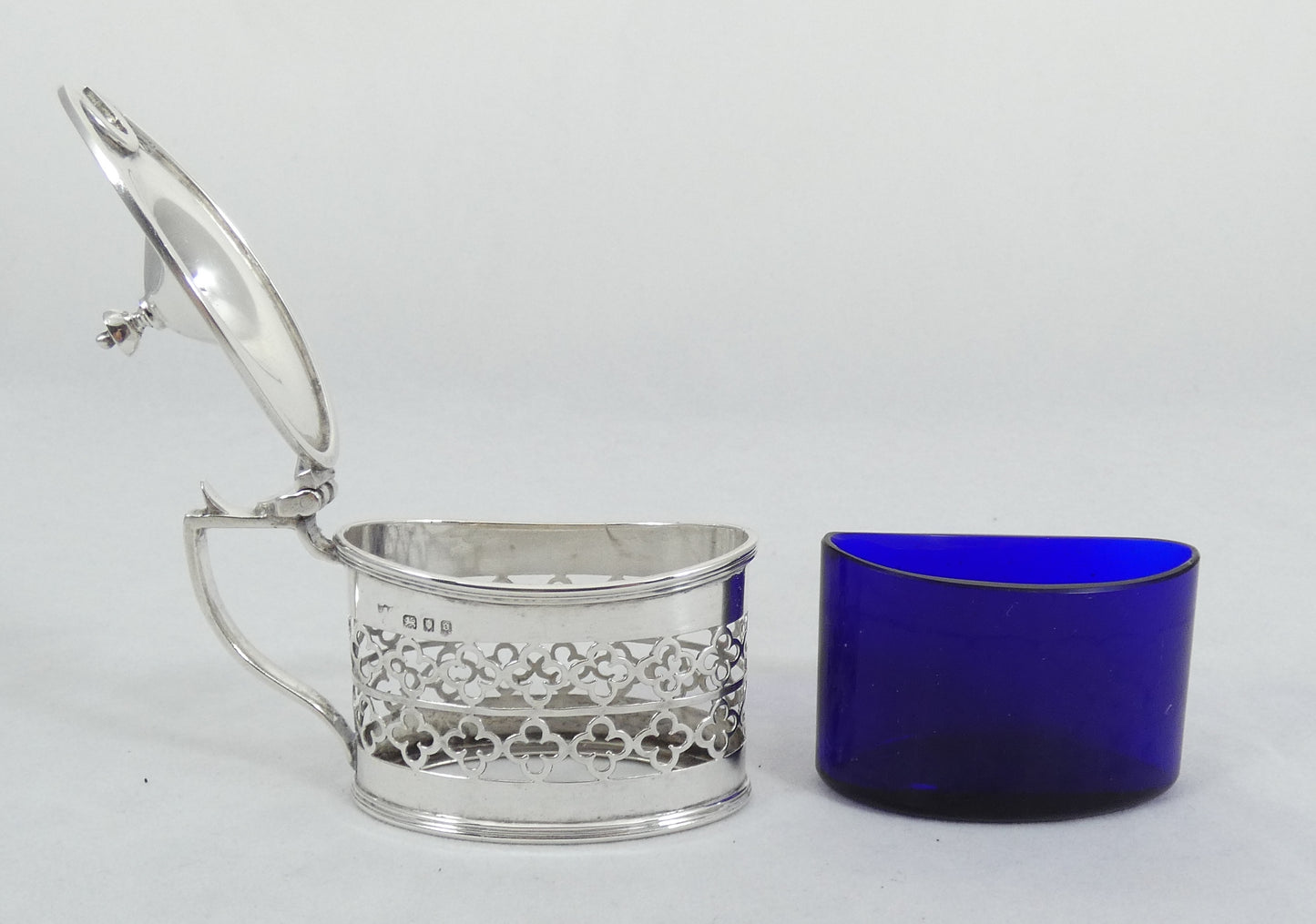 Antique Art Deco 1929 Sterling Silver & Blue Glass Mustard Pot Trefoil Pierced