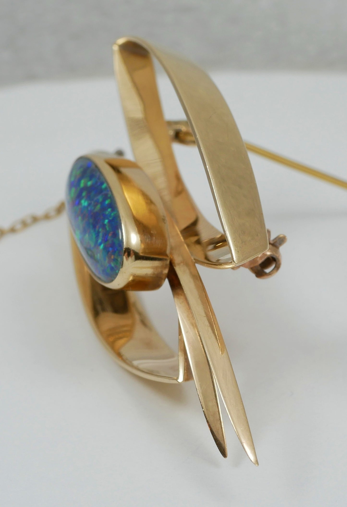 Vintage Retro Large Solid 9ct Yellow Gold Black Opal Doublet Bar Brooch Pin 11gm
