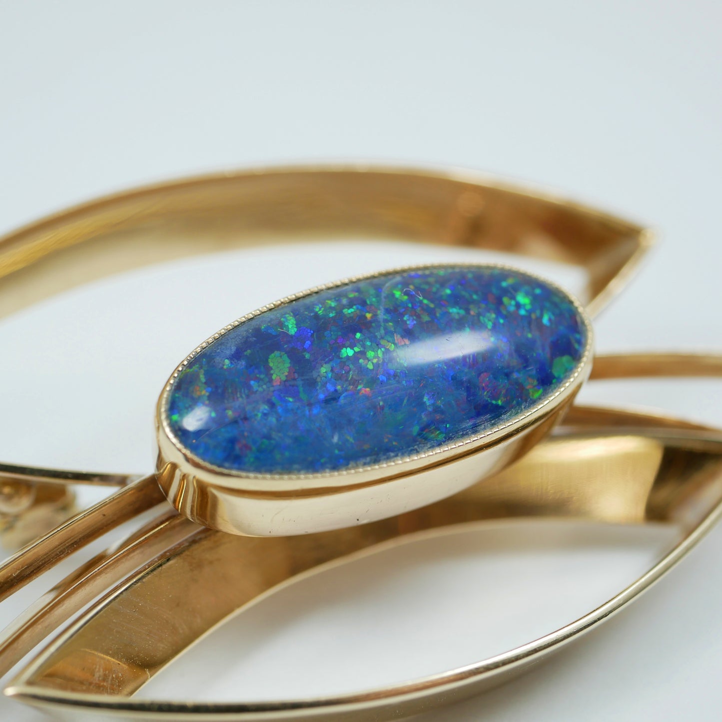Vintage Retro Large Solid 9ct Yellow Gold Black Opal Doublet Bar Brooch Pin 11gm