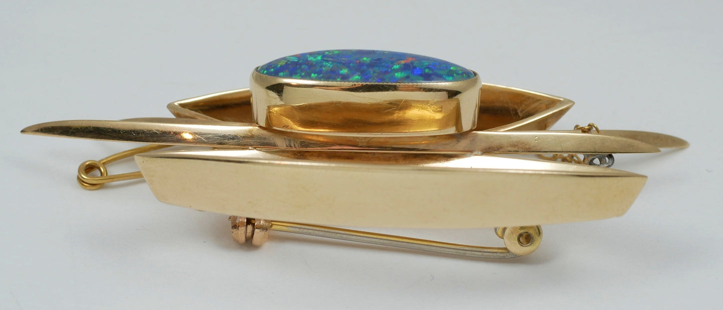 Vintage Retro Large Solid 9ct Yellow Gold Black Opal Doublet Bar Brooch Pin 11gm