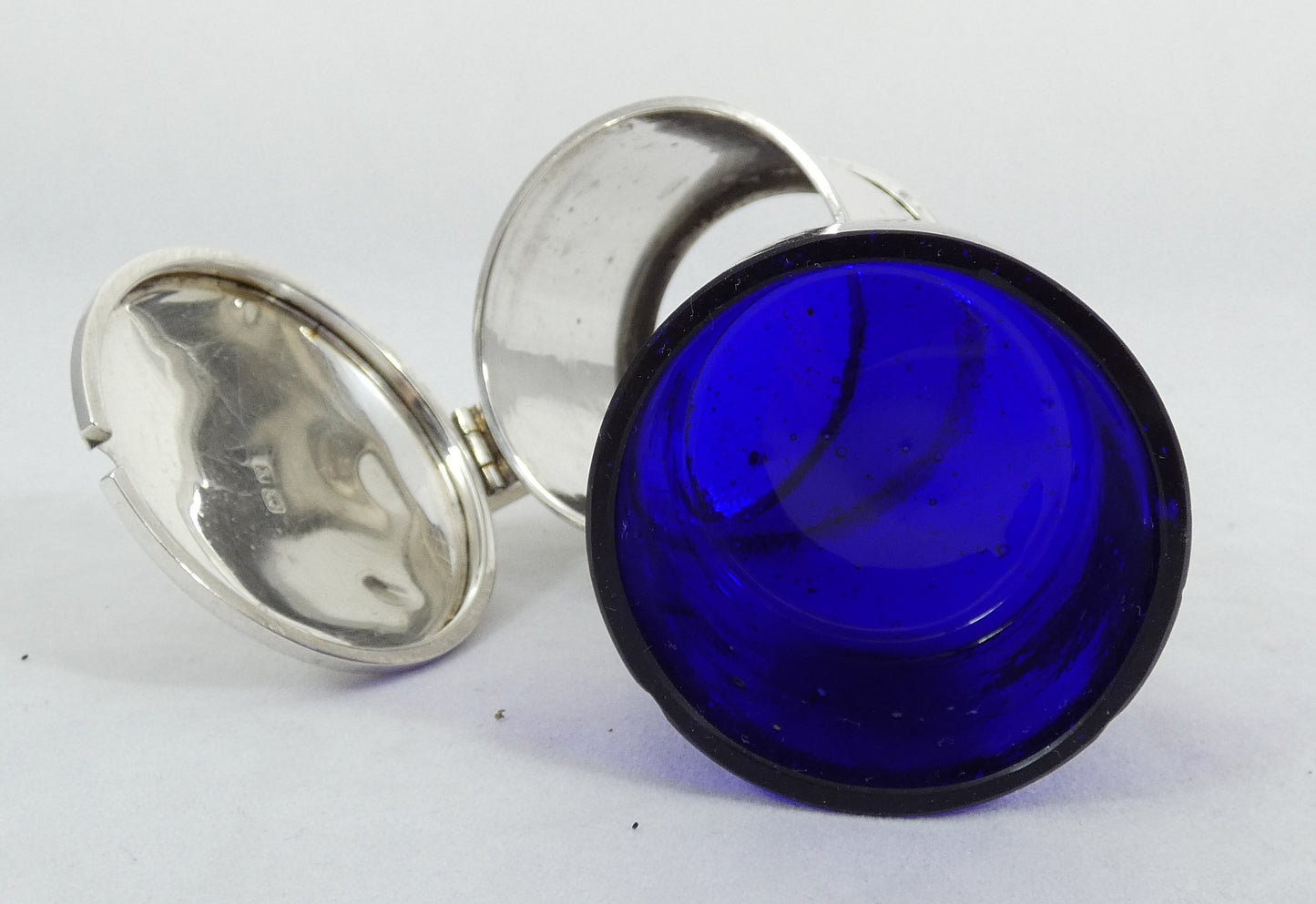 Antique Art Deco 1922 Sterling Silver & Blue Glass Mustard Pot Barrel Cruet Set