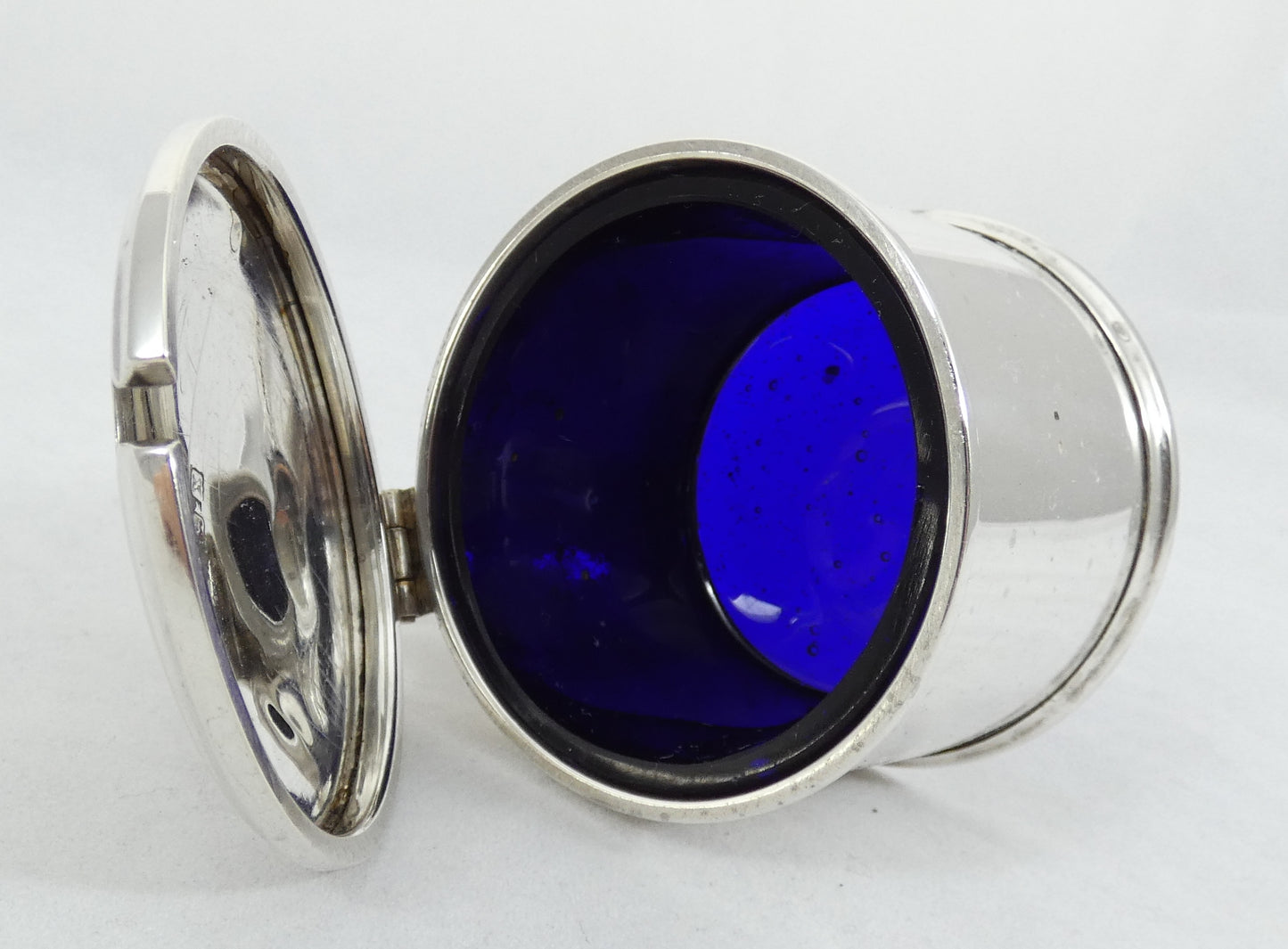 Antique Art Deco 1922 Sterling Silver & Blue Glass Mustard Pot Barrel Cruet Set