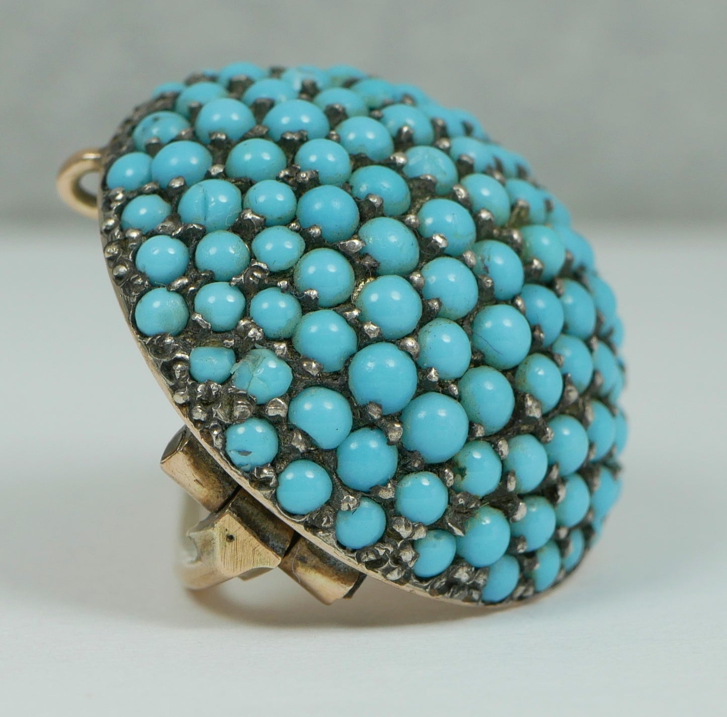 Antique Edwardian 1900 Solid 15ct Yellow Gold Turquoise Cluster Dome Brooch Pin