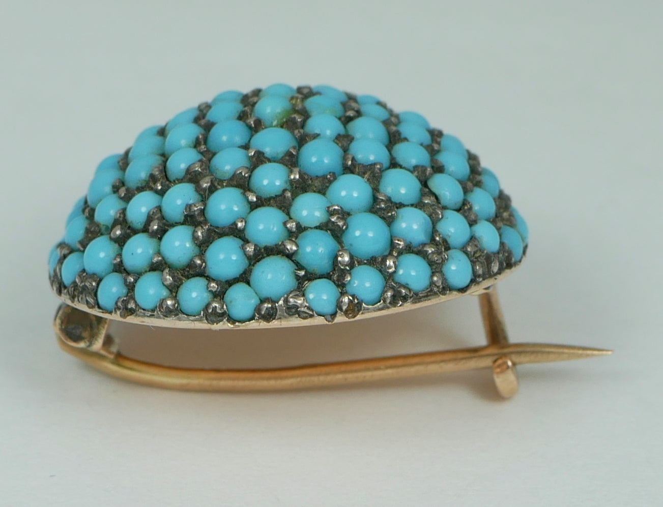 Antique Edwardian 1900 Solid 15ct Yellow Gold Turquoise Cluster Dome Brooch Pin