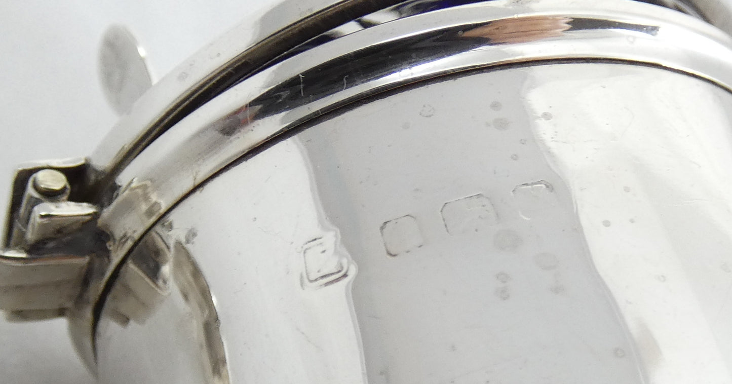 Antique Art Deco 1922 Sterling Silver & Blue Glass Mustard Pot Barrel Cruet Set