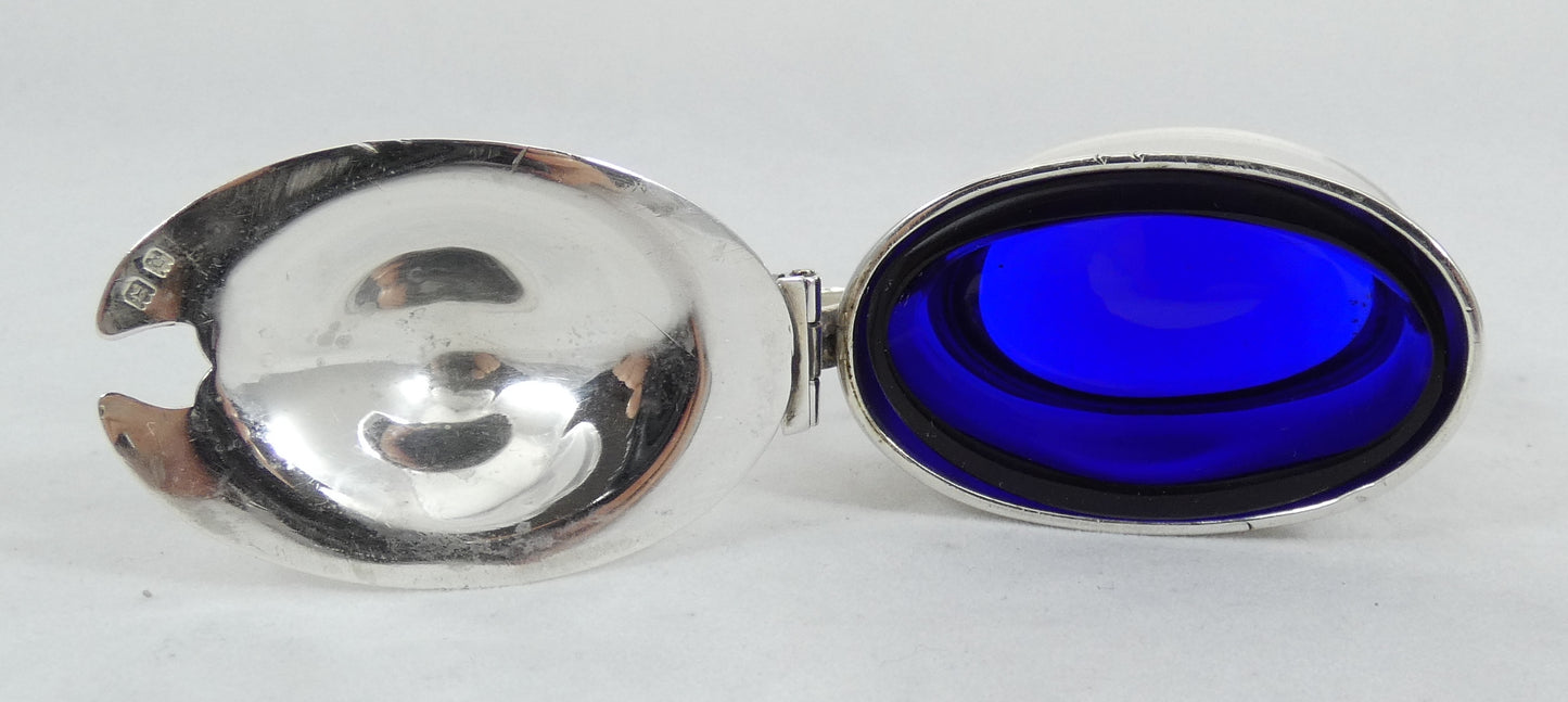 Antique Art Deco 1918 Sterling Silver & Blue Glass Mustard Pot Oval Cruet Set