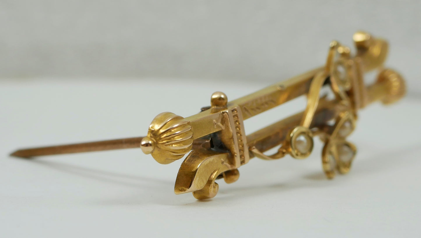 Antique Edwardian 1910 Solid 15ct Yellow Gold Seed Pearl Clover Leaf Brooch Pin