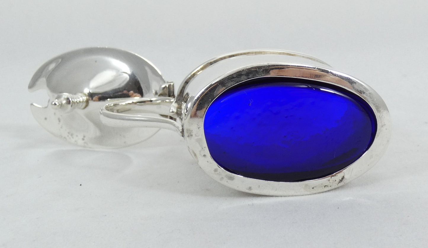 Antique Art Deco 1918 Sterling Silver & Blue Glass Mustard Pot Oval Cruet Set